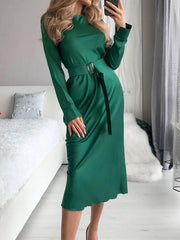 Women's Dresses Solid Belted Crew Neck Long Sleeve Dress Maxi Dresses