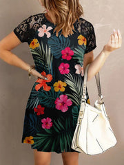 Women's Dresses Crew Neck Lace Panel Short Sleeve Shift Dresses