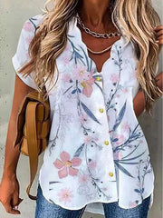Women's Blouses Wavy Neck Print Button Short Sleeve Blouse