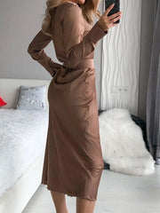 Women's Dresses Solid Belted Crew Neck Long Sleeve Dress Maxi Dresses