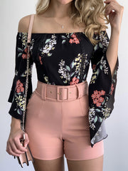 Women's Blouses Boat Neck Printed Flared Long Sleeve Blouse