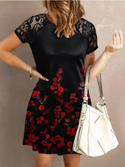 Women's Dresses Crew Neck Lace Panel Short Sleeve Shift Dresses