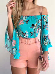 Women's Blouses Boat Neck Printed Flared Long Sleeve Blouse