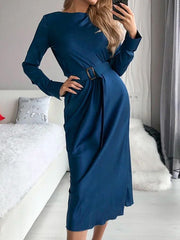 Women's Dresses Solid Belted Crew Neck Long Sleeve Dress Maxi Dresses