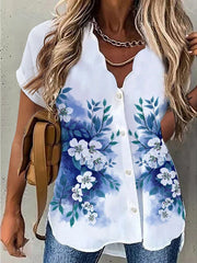 Women's Blouses Wavy Neck Print Button Short Sleeve Blouse