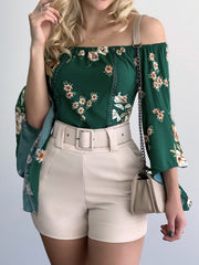Women's Blouses Boat Neck Printed Flared Long Sleeve Blouse