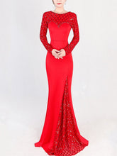 Sequined Contrast Plaids O-Neck Long Sleeves Sheath Backless Evening Dresses