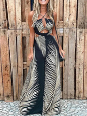 Sexy Vacation Print Frenulum Halter Loose Jumpsuits