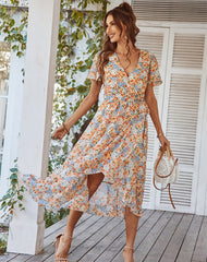 Sexy flower printed short sleeve v neck women big hem maxi dresses