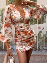 Sexy v neck floral women latern sleeve fashion long sleeve bodycon dresses