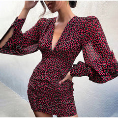 Sexy v neck floral women latern sleeve fashion long sleeve bodycon dresses