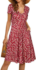 Short Sleeve V-Neck Pocket Printed Swing Skirt Big Hem Skater Dresses