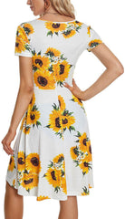 Short Sleeve V-Neck Pocket Printed Swing Skirt Big Hem Skater Dresses