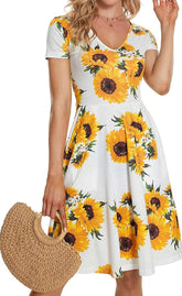 Short Sleeve V-Neck Pocket Printed Swing Skirt Big Hem Skater Dresses