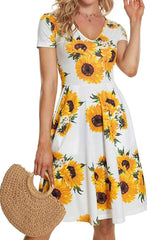 Short Sleeve V-Neck Pocket Printed Swing Skirt Big Hem Skater Dresses