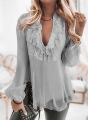 Solid V-Neck Long Sleeves Elegant Blouses