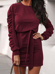 Solid color round neck long sleeve skater dresses