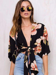 Fashion Print V neck Lacing T-Shirts