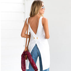 Round Neck Asymmetric Hem Backless Plain Vests