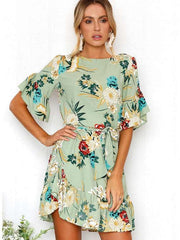 Fashion Floral print Round neck Short sleeve Falbala Skater Dresses