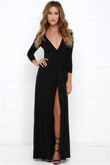 Sexy V neck Slit Long sleeve Maxi Dresses
