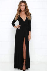 Sexy V neck Knit Long sleeve Vent Irregular Skater Maxi Dresses