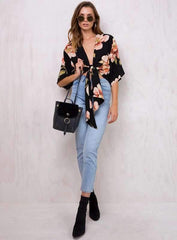 Fashion Print V neck Lacing T-Shirts