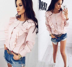 Pure Round neck Long sleeve Falbala Blouses
