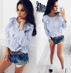 Pure Round neck Long sleeve Falbala Blouses