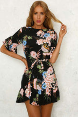 Fashion Floral print Round neck Short sleeve Falbala Skater Dresses