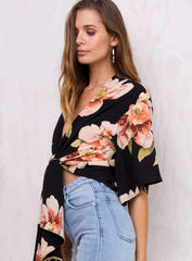 Fashion Print V neck Lacing T-Shirts