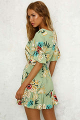 Fashion Floral print Round neck Short sleeve Falbala Skater Dresses