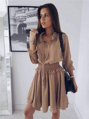 Fashion Lapel Pure Long sleeve Skater Dresses