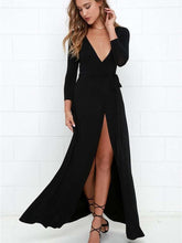 Sexy V neck Knit Long sleeve Vent Irregular Skater Maxi Dresses