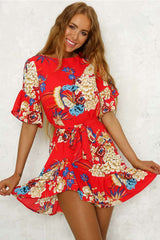Fashion Floral print Round neck Short sleeve Falbala Skater Dresses