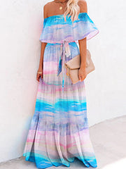 Fashion Gradual Change Flounce Off the Shoulder Cake Skirt Dresses(5 colors)