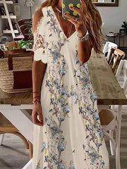V neck Off Shoulder Butterfly Floral Vacation Maxi Dresses