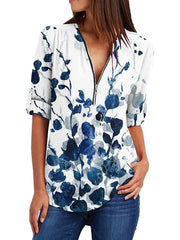 V neck Zipper design women printed short sleeve T-shirts tops