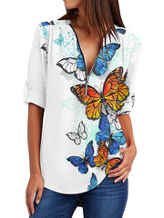 V neck Zipper design women printed short sleeve T-shirts tops