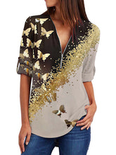 V neck Zipper design women printed short sleeve T-shirts tops