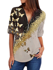 V neck Zipper design women printed short sleeve T-shirts tops