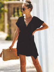 V neck women fashion tie design plain skater dresses