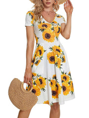 Short Sleeve V-Neck Pocket Printed Swing Skirt Big Hem Skater Dresses