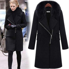 Women Winter Coat Faux Fur Collar Long Woolen Coat