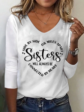 Women Sister Text Letters Regular Fit Casual V Neck T-Shirts