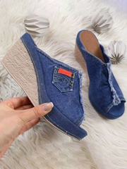 Women Slip-on Peep Toe Wedge Canvas Sandals