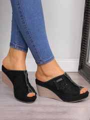 Women Slip-on Peep Toe Wedge Canvas Sandals
