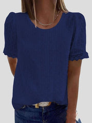 Women Solid Chiffon Round Neck Short Sleeve Top Blouses