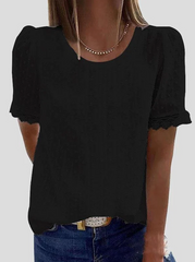 Women Solid Chiffon Round Neck Short Sleeve Top Blouses