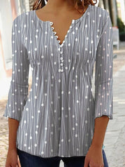 Women's Geometric Casual V-neck Daily A-Line Top Long Sleeve Henry Collar Polka Dots T-shirts